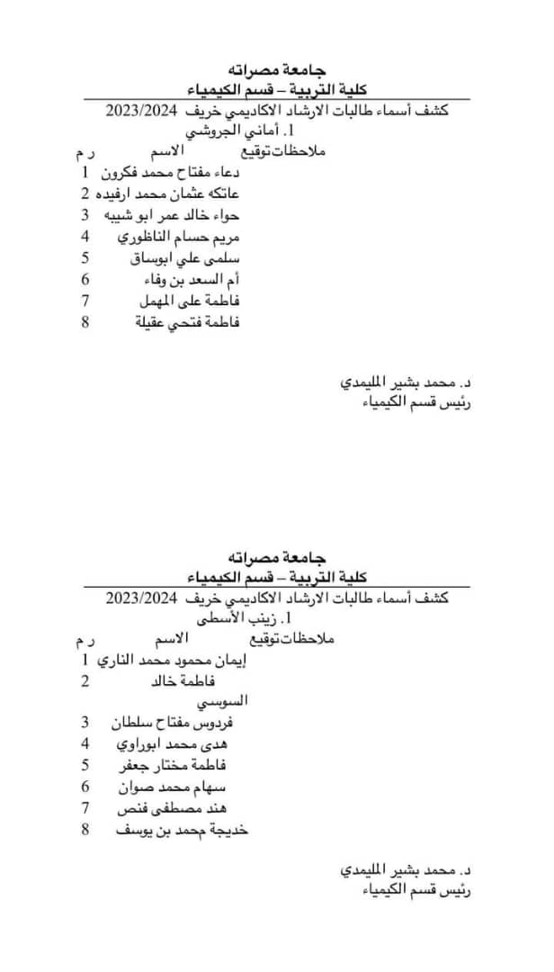 قوائم الإرشاد الأكاديمي لقسم الكيمياء 