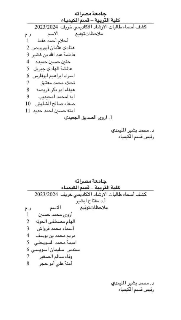 قوائم الإرشاد الأكاديمي لقسم الكيمياء 